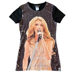 Celine Dion Sequin Black Tshirt Short Sleeve‎ Women's Size Small